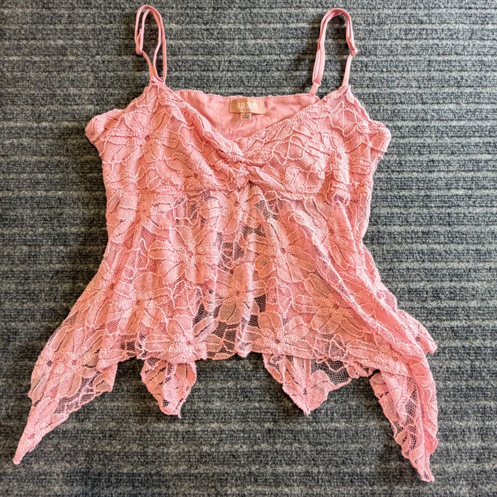 Women's Faded Rose Medium Pink Lace Handkerchief-Hem Tank Top Whimsical Fairy
